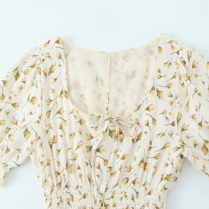 Floral Print A-Line Midi Dress with Square Neck and Waist