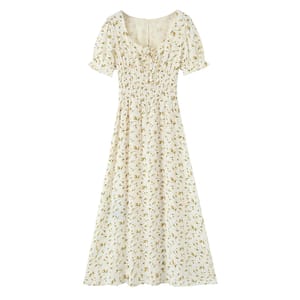 Floral Print A-Line Midi Dress with Square Neck and Waist