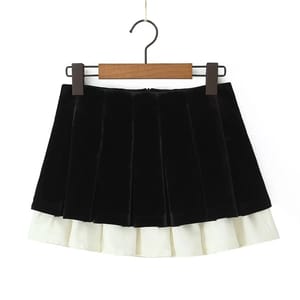 Chic Pleated Velvet Mini Skirt with Patchwork Detail
