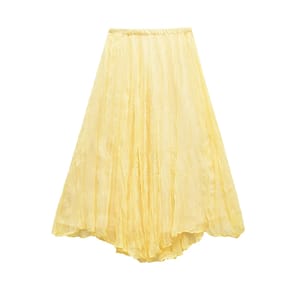 Women's Crinkle Effect Yellow Maxi Skirt with Asymmetrical Hem