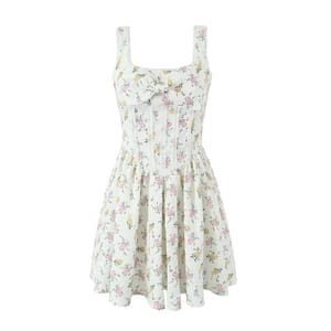Summer Bow Floral Lace-Trim Mini Party Dress