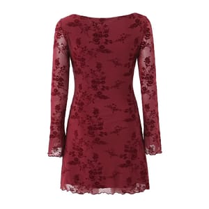 Vintage Flocking Flower Mesh Mini Dress with Flare Sleeves for Women Yenkye - Women's Mini Dresses 1