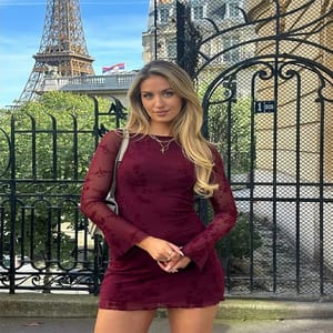Vintage Flocking Flower Mesh Mini Dress with Flare Sleeves for Women Yenkye - Women's Mini Dresses 2