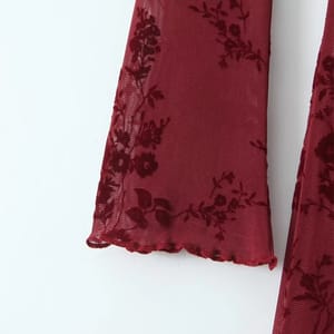Vintage Flocking Flower Mesh Mini Dress with Flare Sleeves for Women Yenkye - Women's Mini Dresses 3