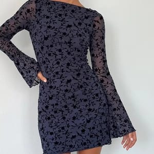 Elegant Autumn Floral Mesh Mini Dress with Long Sleeves Elegant Autumn Floral Mesh Mini Dress with Long Sleeves