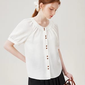 Women's O-Neck Raglan Sleeve Cotton Linen Blouse