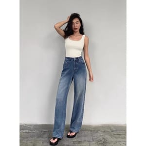 High Waist Blue Wide Leg Jeans for Women Vintage Streetwear