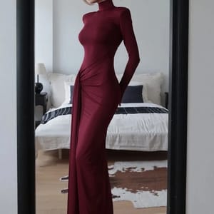 Turtleneck Maxi Dress with Side Slit and Shoulder Pads Julissa Mo - Women's Maxi Dresses 3