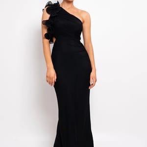 One-Shoulder Ruffle Maxi Dress with Hollow-Out Ruched Detail