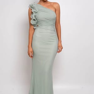 One-Shoulder Ruffle Maxi Dress with Hollow-Out Ruched Detail