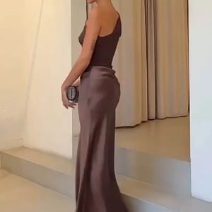 Satin Patchwork One Shoulder Maxi Dress for Evening Events
