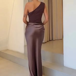 Satin Patchwork One Shoulder Maxi Dress for Evening Events