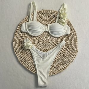Bold Thong Bikini Set with 3D Floral Embellishments