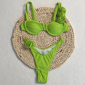 Bold Thong Bikini Set with 3D Floral Embellishments