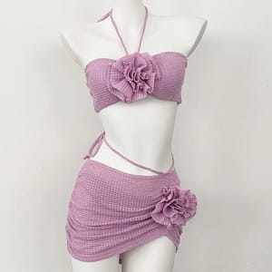 3-Piece High Cut Bikini Set with 3D Floral Accents