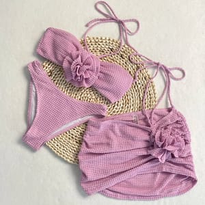 3-Piece High Cut Bikini Set with 3D Floral Accents