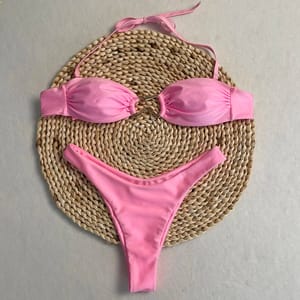 Adjustable Thong Bikini Set with Halter Neck and Ring Detail