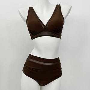 Solid High Waist Bikini Set with Contrast Mesh Detailing