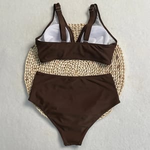 Solid High Waist Bikini Set with Contrast Mesh Detailing