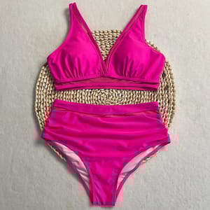 Solid High Waist Bikini Set with Contrast Mesh Detailing