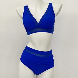 High Waist Bikini Set with Contrast Mesh and Sweetheart Neck