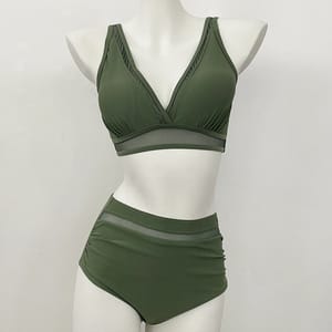 High Waist Bikini Set with Contrast Mesh and Sweetheart Neck