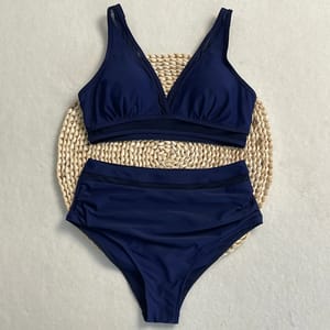 High Waist Bikini Set with Contrast Mesh and Sweetheart Neck