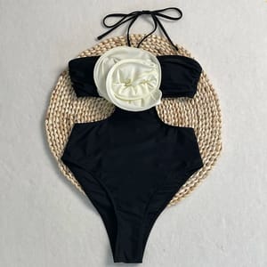 Floral Halter Monokini with High Waist and Hollow Details