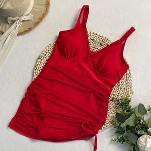 Skirted One-Piece Swimsuit with Triangle Neck and Frill Detail