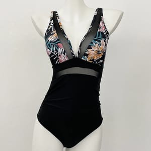 Deep V-Neck One-Piece Swimsuit with Mesh and High Waist