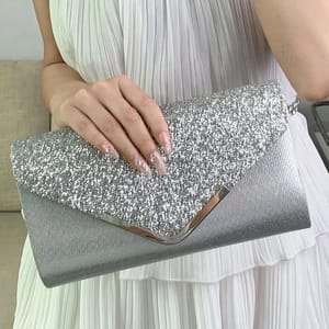 Silver Glitter Envelope Clutch with V Design and Chain Strap