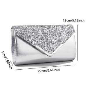 Silver Glitter Envelope Clutch with V Design and Chain Strap Sekusa - Women's Clutch Bags 2
