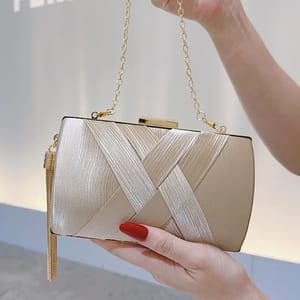 Criss-Cross Satin Clutch with Tassel and Chain Strap