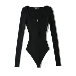 Long Sleeve Zip-Up Bodysuit with Square Neckline Design