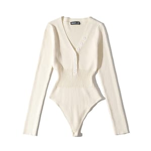 Deep V-Neck Knit Bodysuit with Long Sleeves and Buttons