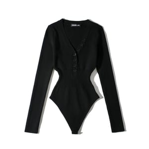 Deep V-Neck Knit Bodysuit with Long Sleeves and Buttons