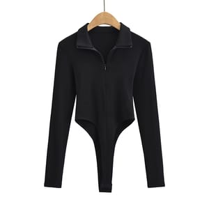 Zip-Up Long Sleeve Bodysuit with Bodycon Fit and Solid Color