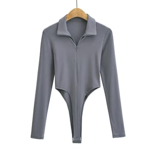 Zip-Up Long Sleeve Bodysuit with Bodycon Fit and Solid Color
