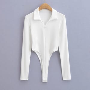 Zip-Up Long Sleeve Bodysuit with Bodycon Fit and Solid Color