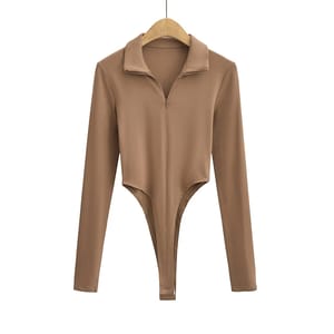 Zip-Up Long Sleeve Bodysuit with Bodycon Fit and Solid Color