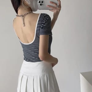Striped Knit Bodysuit with Short Sleeves and Bodycon Fit
