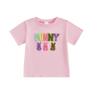 Kids Girls Easter Tee with Rabbit Embroidery and Letter Design
