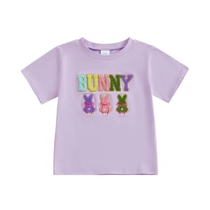 Kids Girls Easter Tee with Rabbit Embroidery and Letter Design