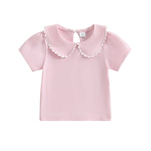 Little Girls Solid Color T-Shirt with Doll Collar Design