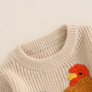 Kids Girls Rooster Embroidered Knit Sweater for Autumn Winter