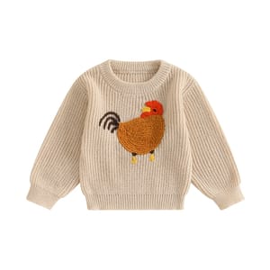 Kids Girls Rooster Embroidered Knit Sweater for Autumn Winter