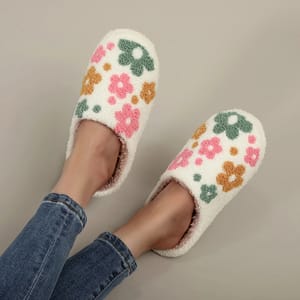 Furry Indoor Slippers with Colorful Wildflower Embroidery