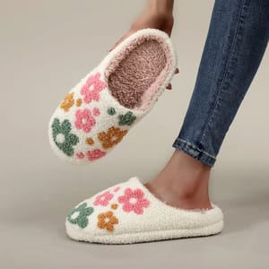 Furry Indoor Slippers with Colorful Wildflower Embroidery