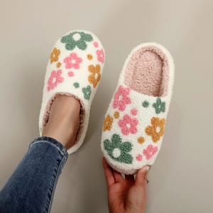 Furry Indoor Slippers with Colorful Wildflower Embroidery