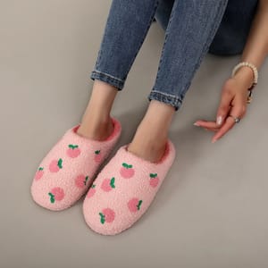 Pink Peach Embroidered Furry Indoor Slippers for Winter